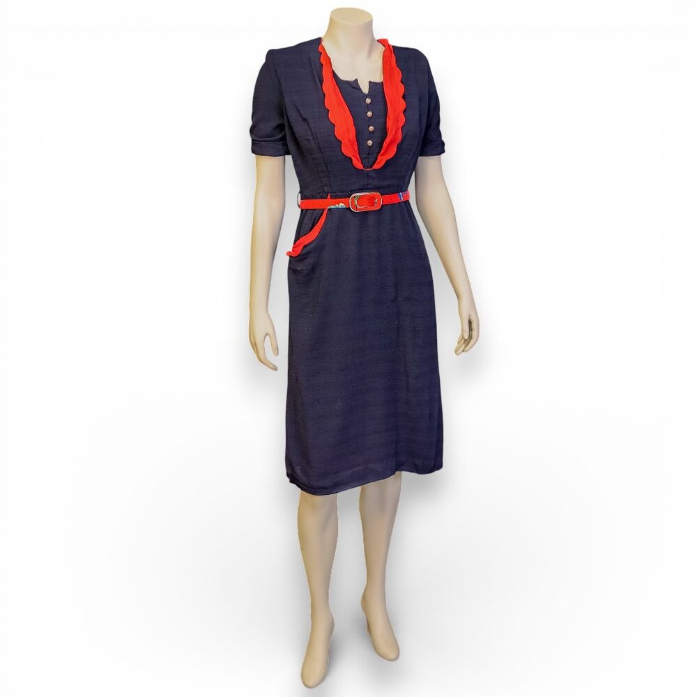 Vintage Navy Blue Dress with Red Scalloped Trim | Pearl Button Dress | Size 8